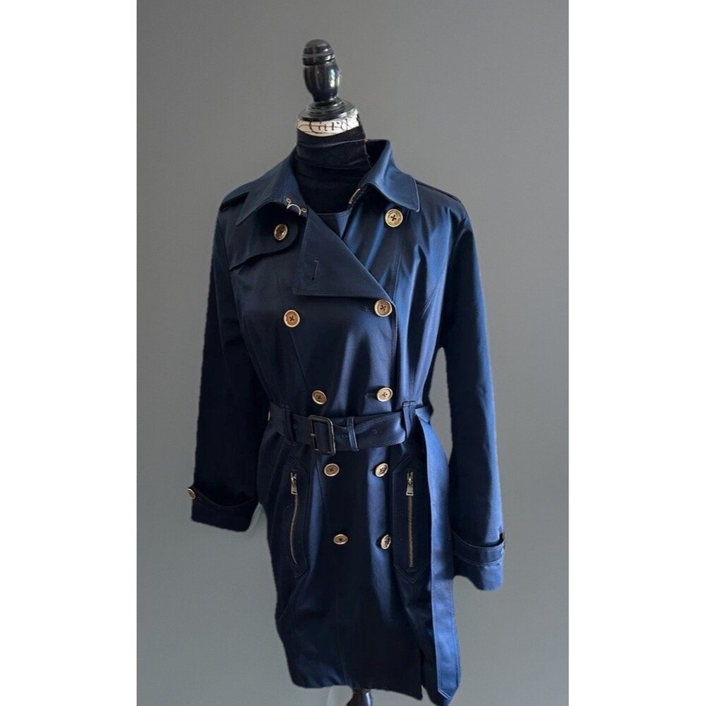 London Fog Heritage Double Breasted Belted Trench Dark Blue Satin Sheen Size L - Picture 2 of 16